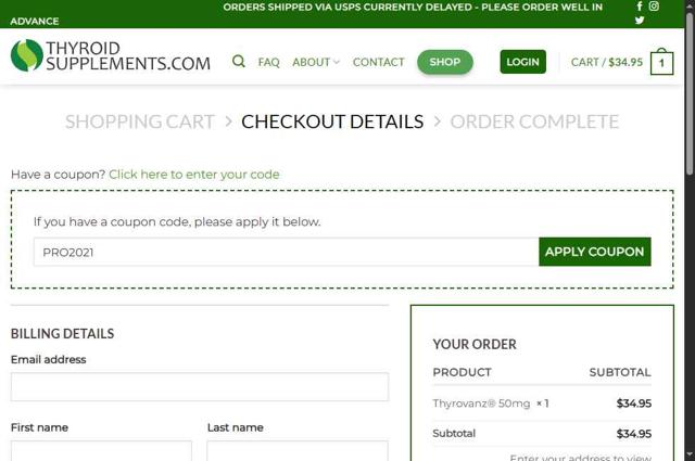 Thyrovanz checkout page showing Thyrovanz coupon code box | Screenshot taken by SimplyCodes community member on Jul 4, 2025
