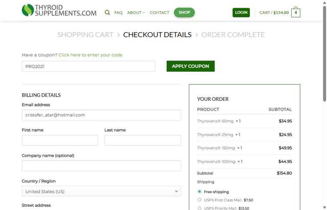 Thyrovanz checkout page showing Thyrovanz coupon code box | Screenshot taken by SimplyCodes community member on Aug 22, 2025