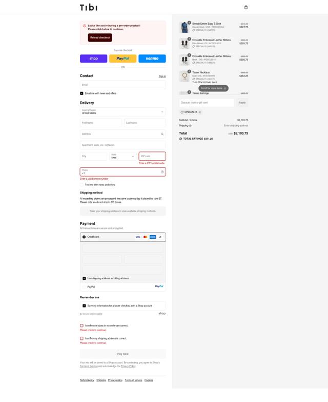 Tibi checkout page showing Tibi promo code box | Screenshot taken by SimplyCodes community member on Sep 12, 2025