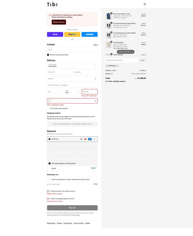 Tibi checkout page showing Tibi promo code box | Screenshot taken by SimplyCodes community member on Sep 12, 2025