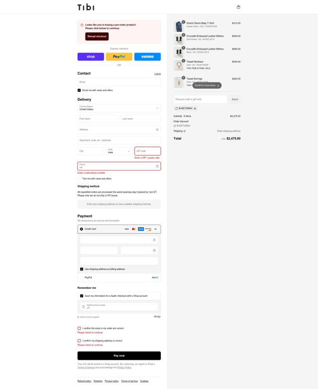 Tibi checkout page showing Tibi promo code box | Screenshot taken by SimplyCodes community member on Sep 8, 2025