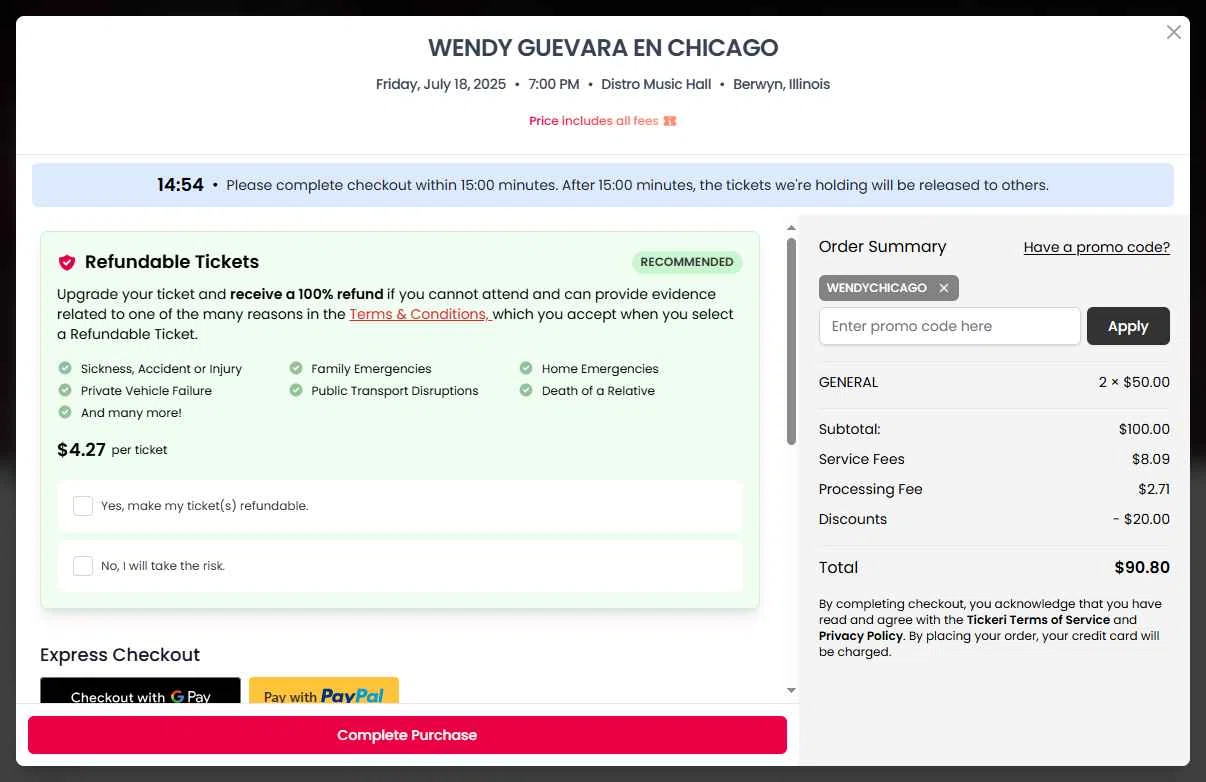 Tickeri checkout page showing Tickeri promo code box | Screenshot taken by SimplyCodes community member on Jul 15, 2025
