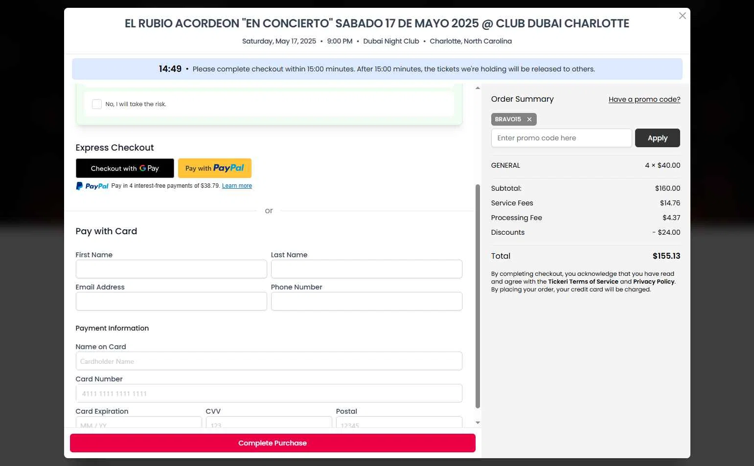 Tickeri checkout page showing Tickeri promo code box | Screenshot taken by SimplyCodes community member on May 13, 2025