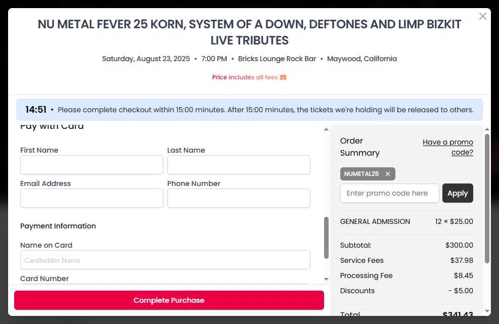 Tickeri checkout page showing Tickeri promo code box | Screenshot taken by SimplyCodes community member on Aug 9, 2025