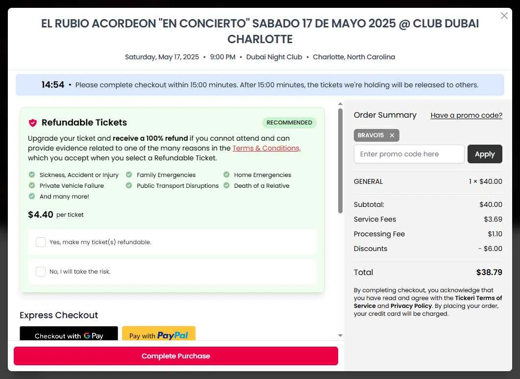 Tickeri checkout page showing Tickeri promo code box | Screenshot taken by SimplyCodes community member on Apr 25, 2025