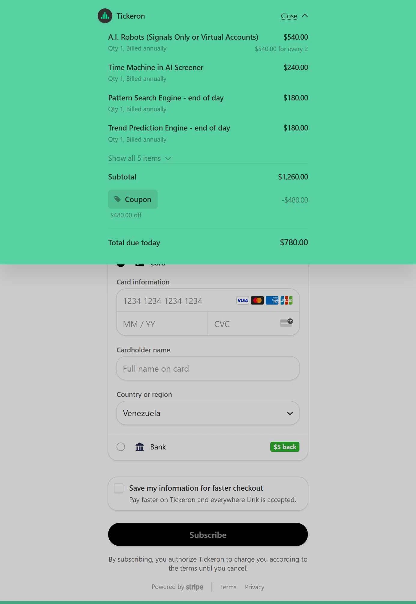Tickeron checkout page showing Tickeron promo code box | Screenshot taken by SimplyCodes community member on Jul 30, 2025