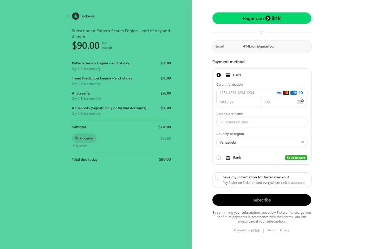 Tickeron checkout page showing Tickeron promo code box | Screenshot taken by SimplyCodes community member on Jul 1, 2025