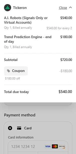 Tickeron checkout page showing Tickeron promo code box | Screenshot taken by SimplyCodes community member on May 4, 2025