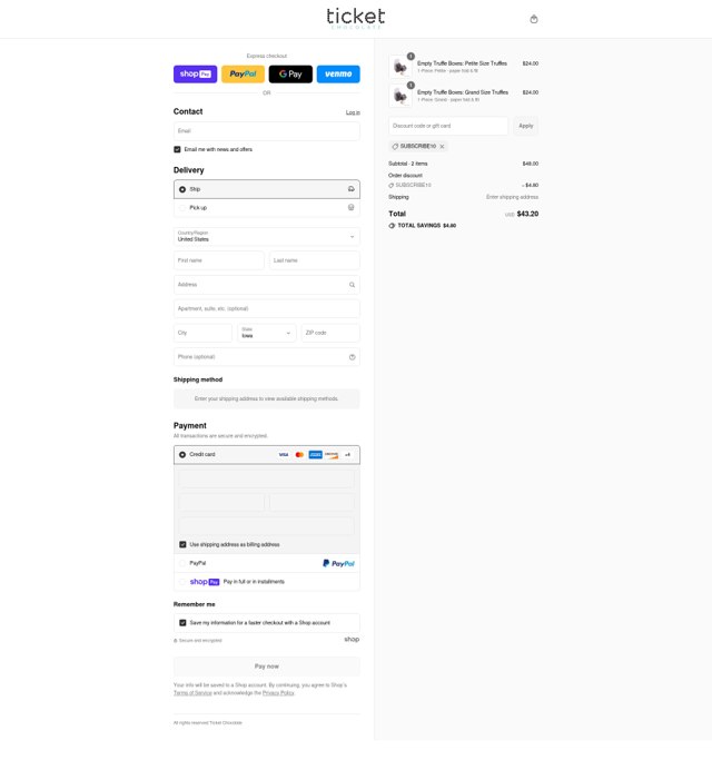 Ticket Chocolate checkout page showing Ticket Chocolate discount code box | Screenshot taken by SimplyCodes community member on Aug 9, 2025