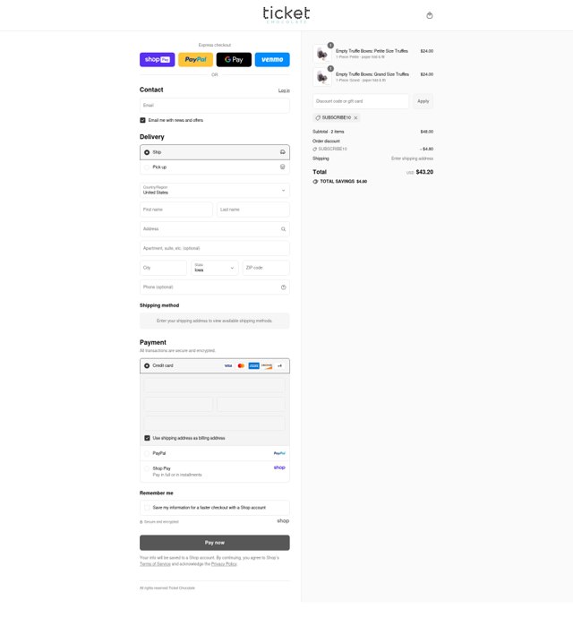 Ticket Chocolate checkout page showing Ticket Chocolate discount code box | Screenshot taken by SimplyCodes community member on Aug 17, 2025