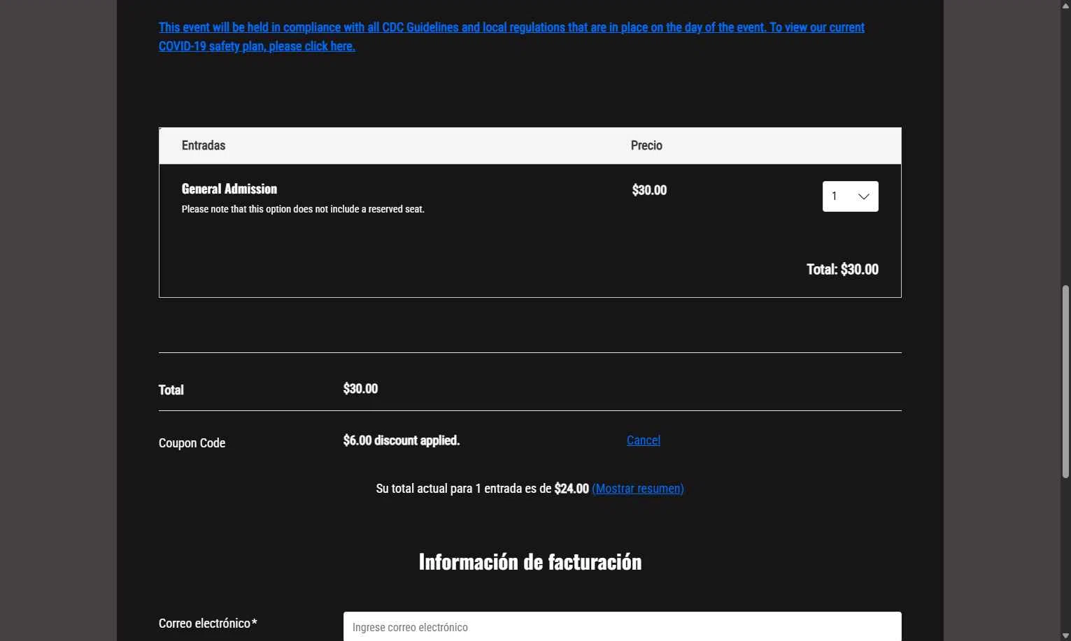 TicketSpice checkout page showing TicketSpice coupon code box | Screenshot taken by SimplyCodes community member on Jan 6, 2026