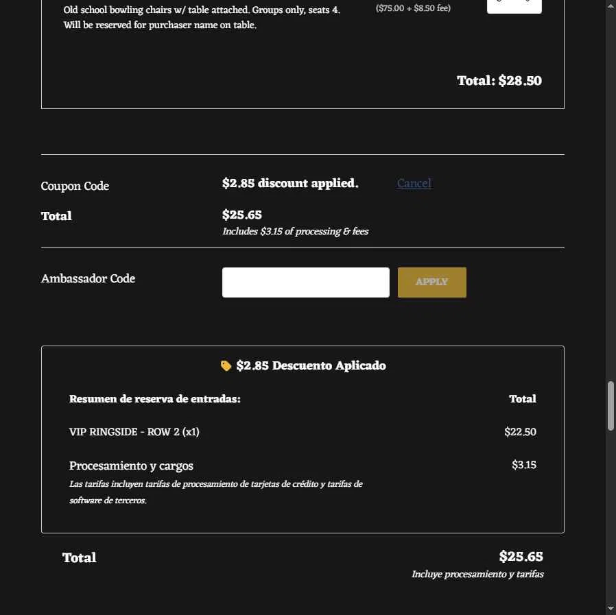 TicketSpice checkout page showing TicketSpice coupon code box | Screenshot taken by SimplyCodes community member on Jan 27, 2026