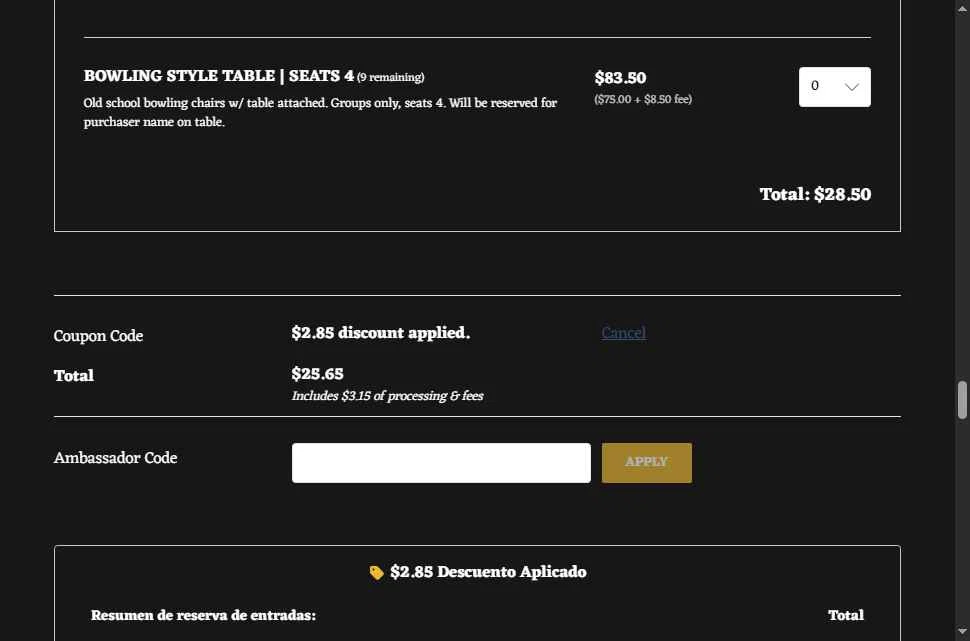 TicketSpice checkout page showing TicketSpice coupon code box | Screenshot taken by SimplyCodes community member on Feb 10, 2026