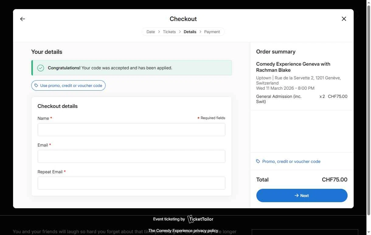 Ticket Tailor checkout page showing Ticket Tailor promo code box | Screenshot taken by SimplyCodes community member on Feb 8, 2026