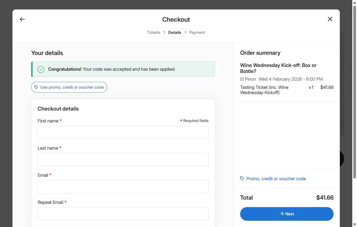 Ticket Tailor checkout page showing Ticket Tailor promo code box | Screenshot taken by SimplyCodes community member on Jan 28, 2026