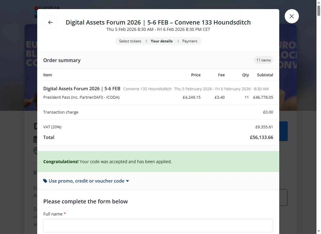 Ticket Tailor checkout page showing Ticket Tailor promo code box | Screenshot taken by SimplyCodes community member on Jan 10, 2026