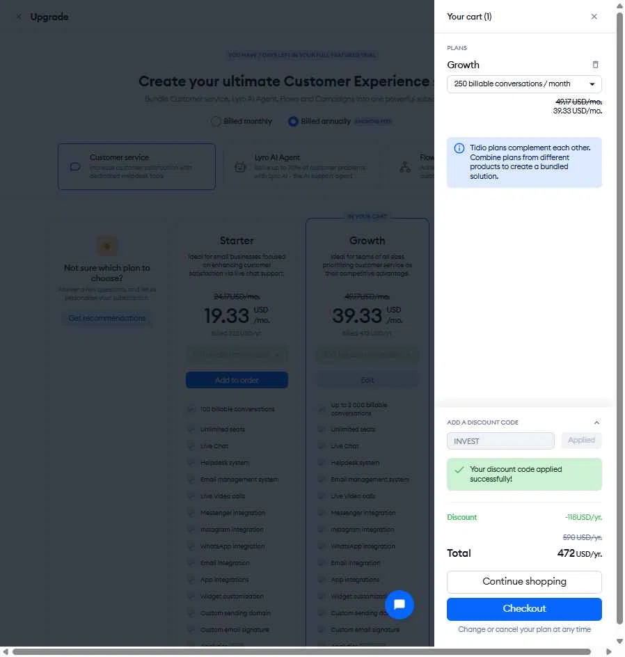 Tidio checkout page showing Tidio discount code box | Screenshot taken by SimplyCodes community member on Dec 7, 2025