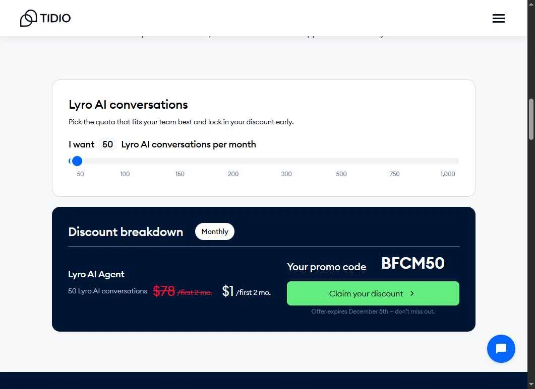 Tidio checkout page showing Tidio discount code box | Screenshot taken by SimplyCodes community member on Jan 6, 2026