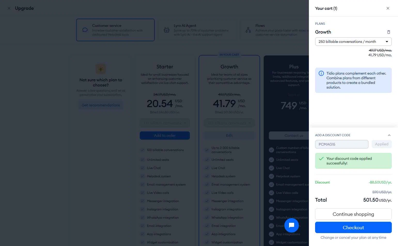 Tidio checkout page showing Tidio discount code box | Screenshot taken by SimplyCodes community member on Dec 4, 2025