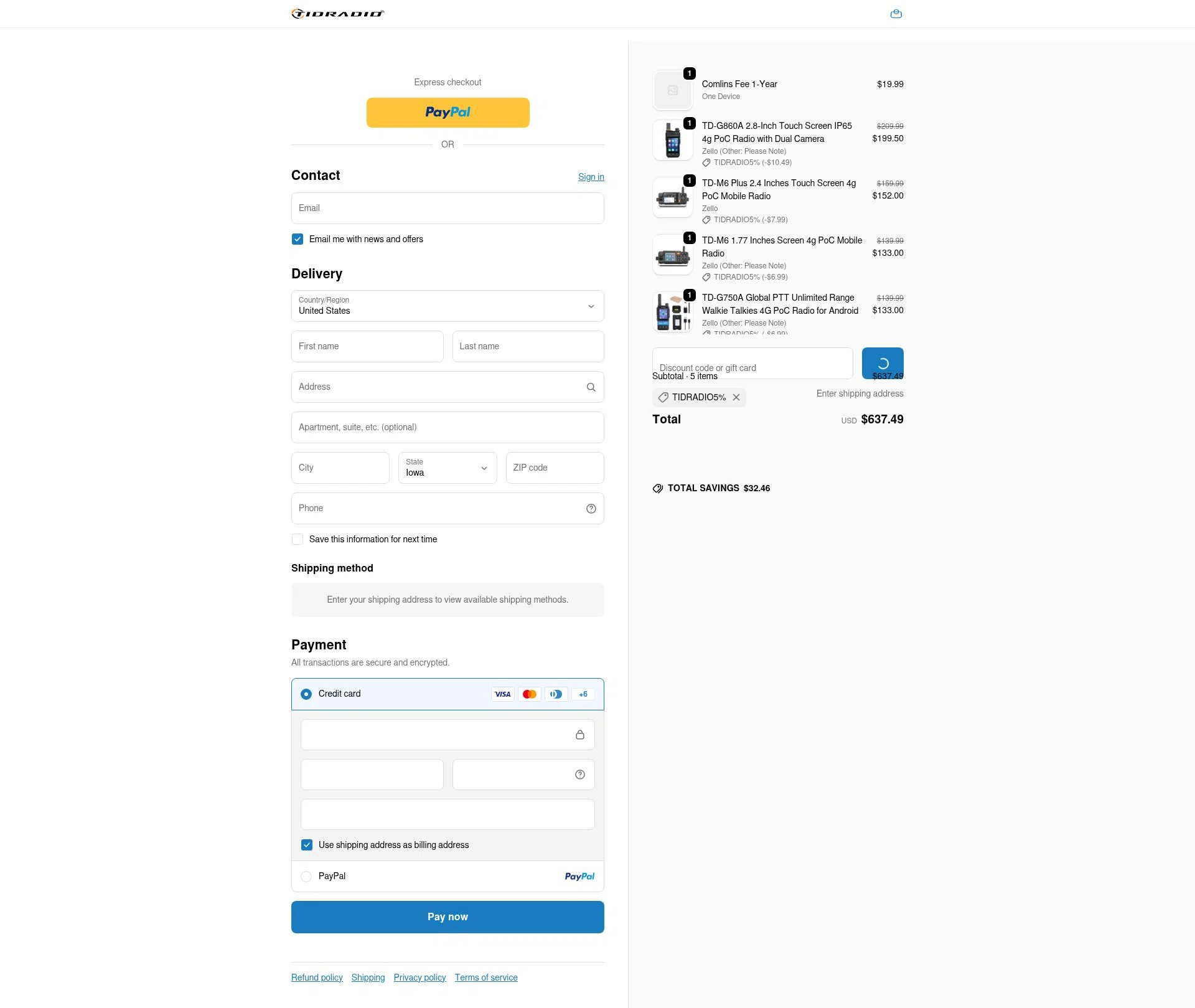 TIDRADIO checkout page showing TIDRADIO discount code box | Screenshot taken by SimplyCodes community member on Jan 2, 2026