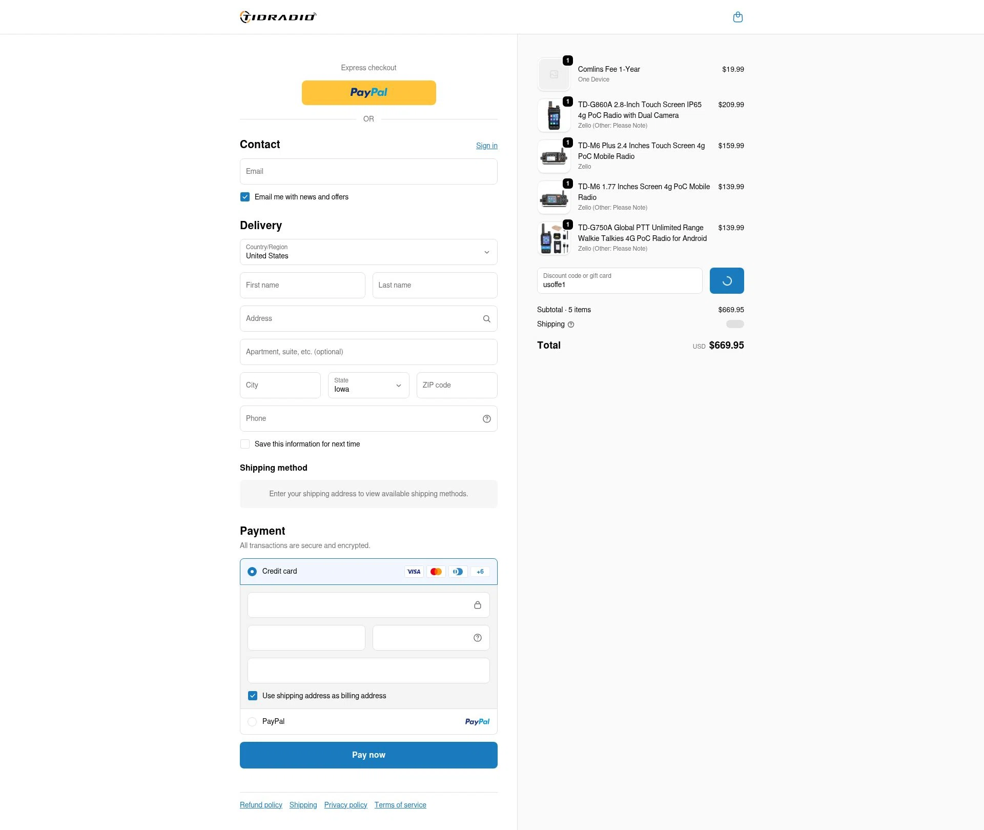 TIDRADIO checkout page showing TIDRADIO discount code box | Screenshot taken by SimplyCodes community member on Jan 2, 2026
