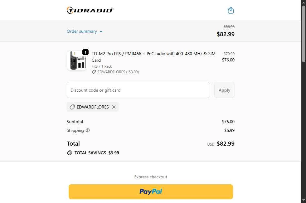 TIDRADIO checkout page showing TIDRADIO discount code box | Screenshot taken by SimplyCodes community member on Jan 4, 2026