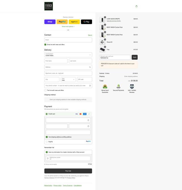 Tiege Hanley checkout page showing Tiege Hanley discount code box | Screenshot taken by SimplyCodes community member on Sep 15, 2025