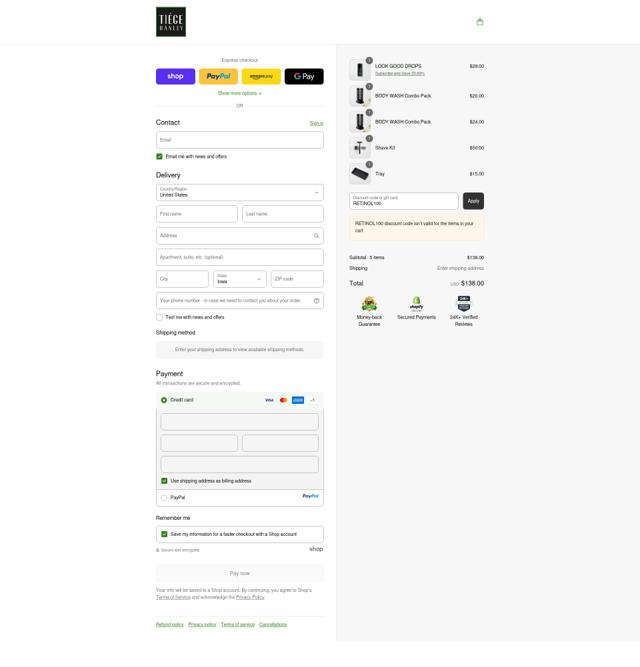 Tiege Hanley checkout page showing Tiege Hanley discount code box | Screenshot taken by SimplyCodes community member on Sep 15, 2025