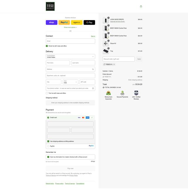 Tiege Hanley checkout page showing Tiege Hanley discount code box | Screenshot taken by SimplyCodes community member on Sep 15, 2025