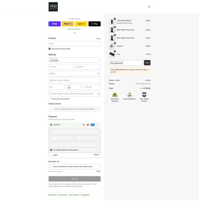 Tiege Hanley checkout page showing Tiege Hanley discount code box | Screenshot taken by SimplyCodes community member on Sep 15, 2025