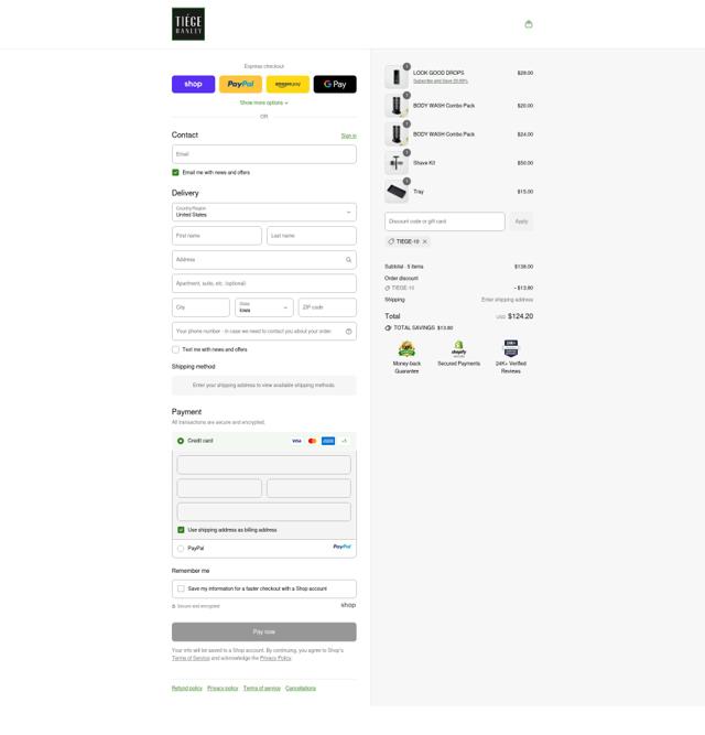 Tiege Hanley checkout page showing Tiege Hanley discount code box | Screenshot taken by SimplyCodes community member on Sep 15, 2025