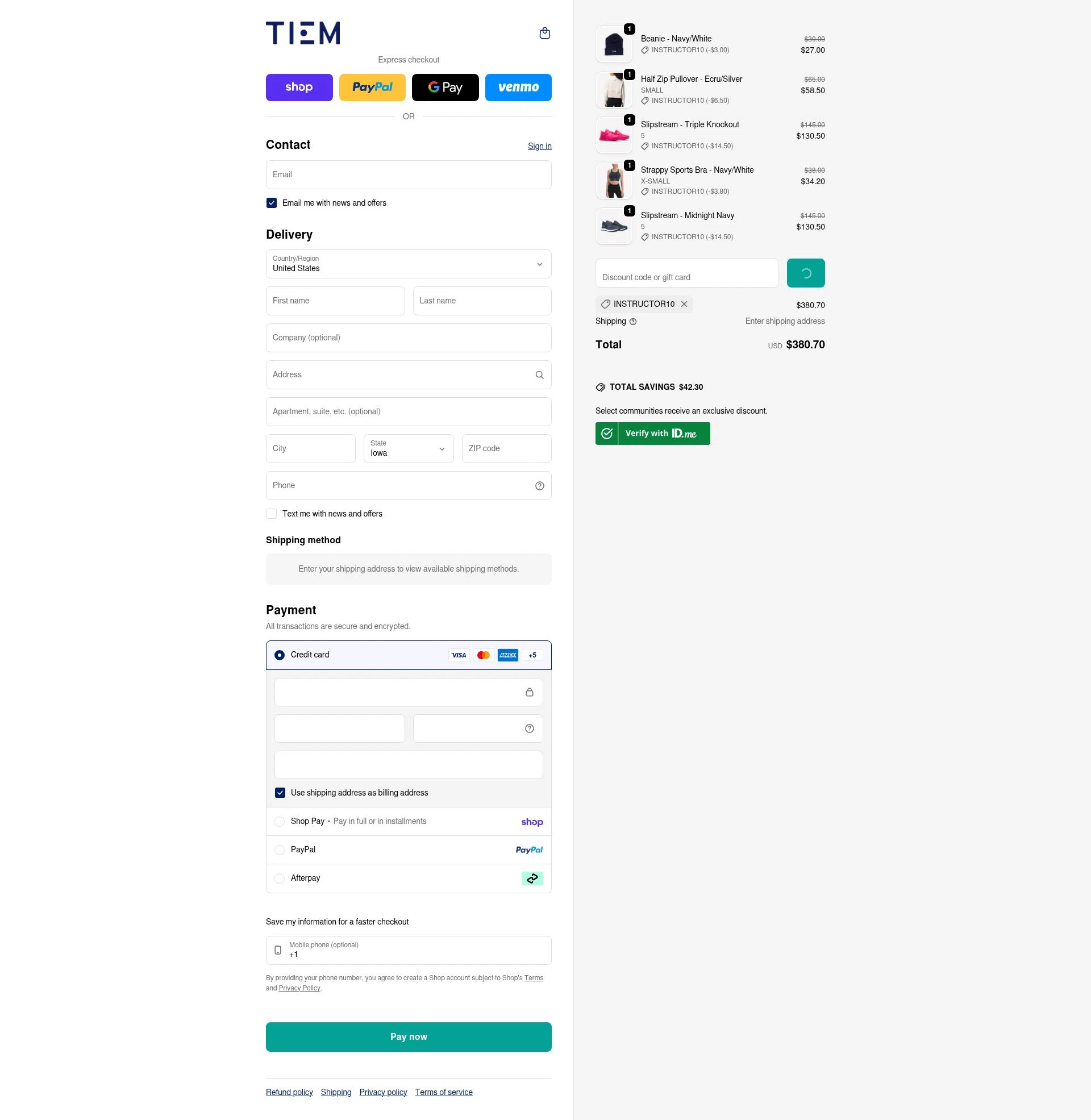 Tiem checkout page showing Tiem discount code box | Screenshot taken by SimplyCodes community member on Feb 9, 2026