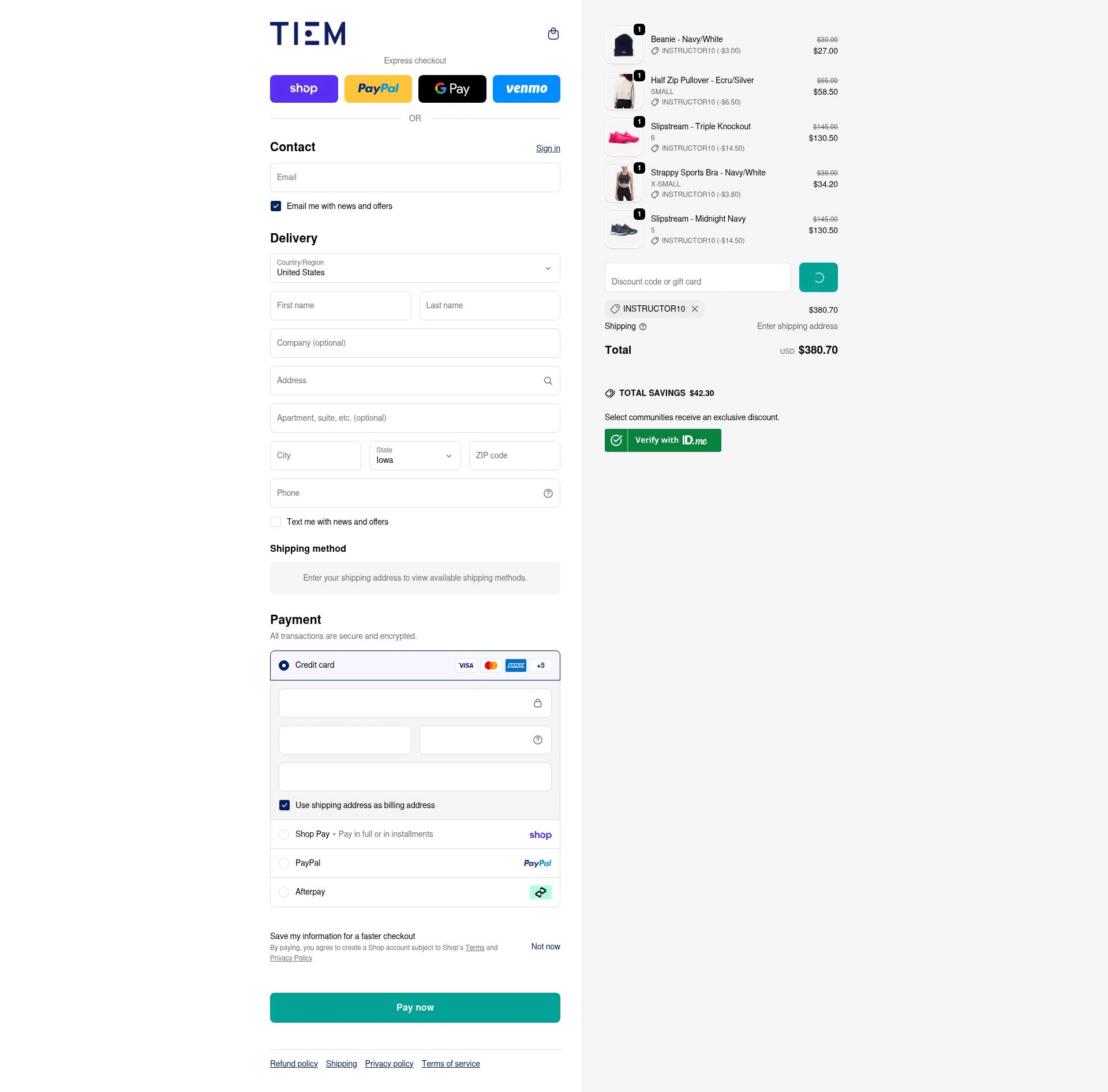 Tiem checkout page showing Tiem discount code box | Screenshot taken by SimplyCodes community member on Feb 18, 2026