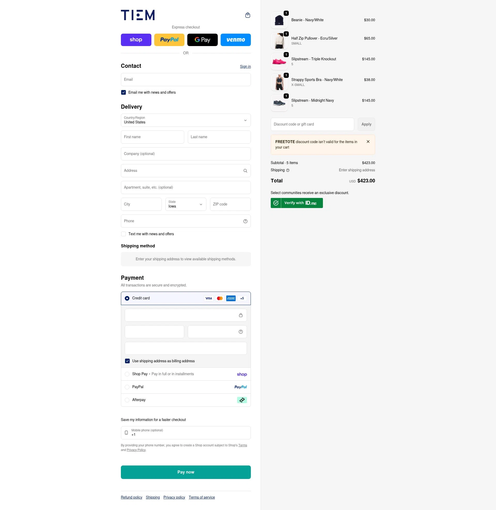 Tiem checkout page showing Tiem discount code box | Screenshot taken by SimplyCodes community member on Feb 9, 2026
