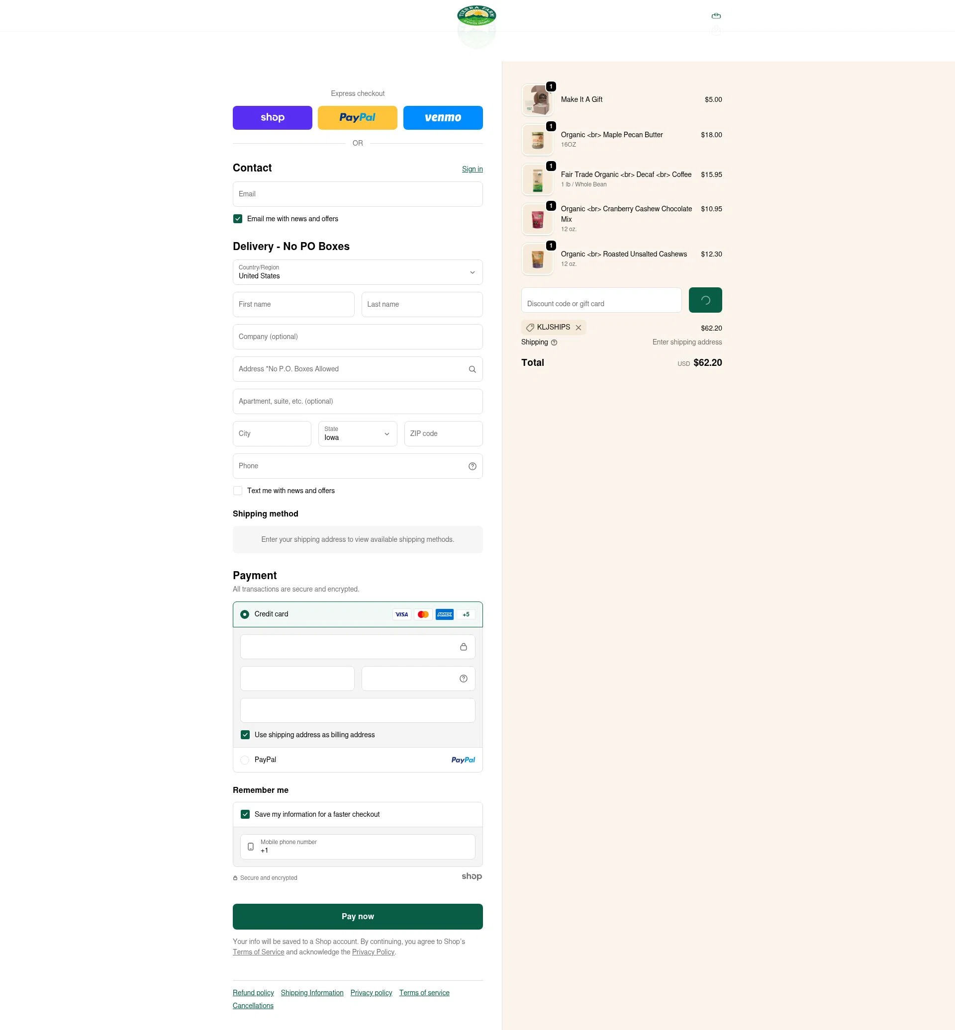 Tierra Farm checkout page showing Tierra Farm discount code box | Screenshot taken by SimplyCodes community member on Jan 29, 2026
