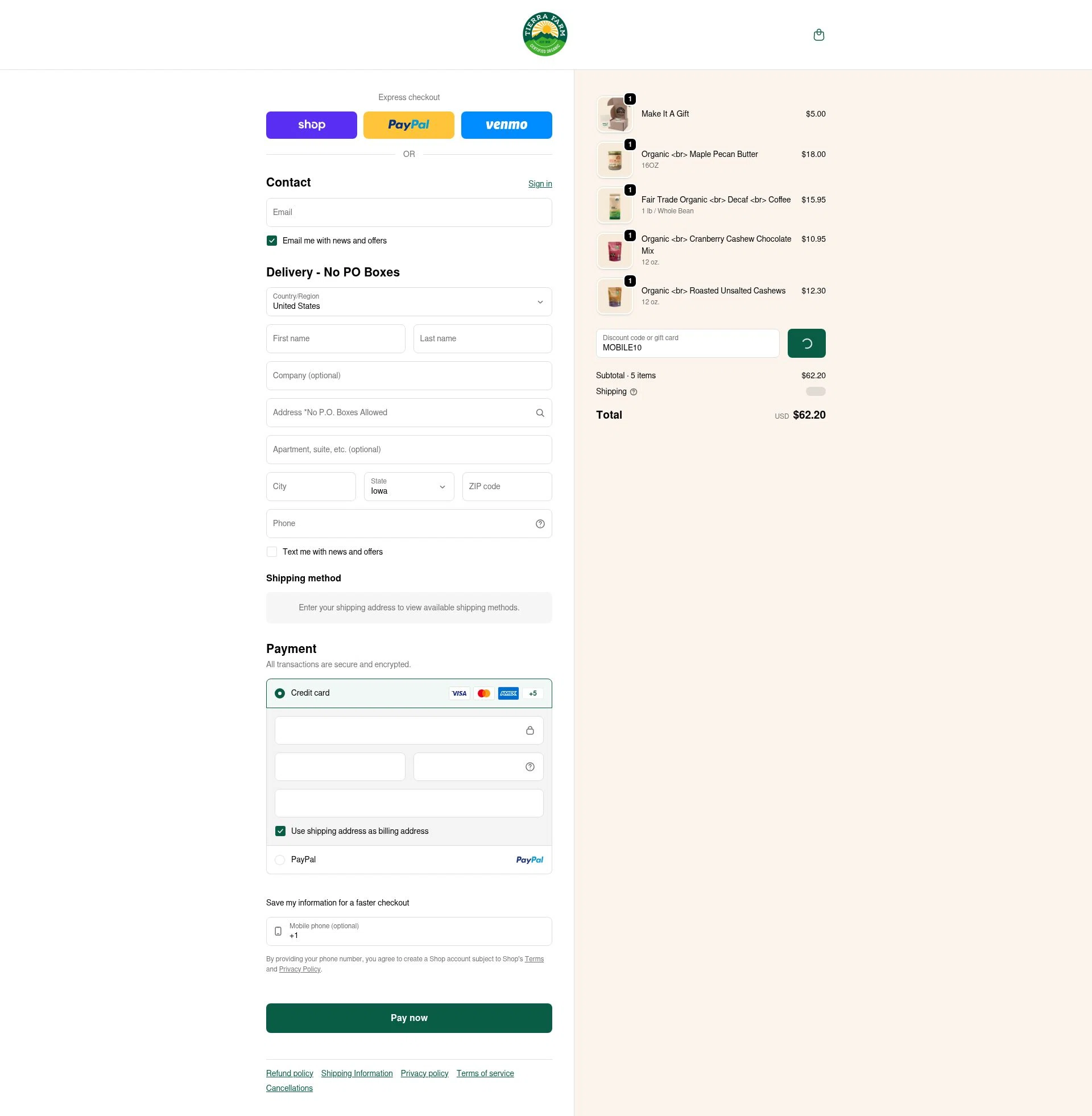 Tierra Farm checkout page showing Tierra Farm discount code box | Screenshot taken by SimplyCodes community member on Feb 3, 2026