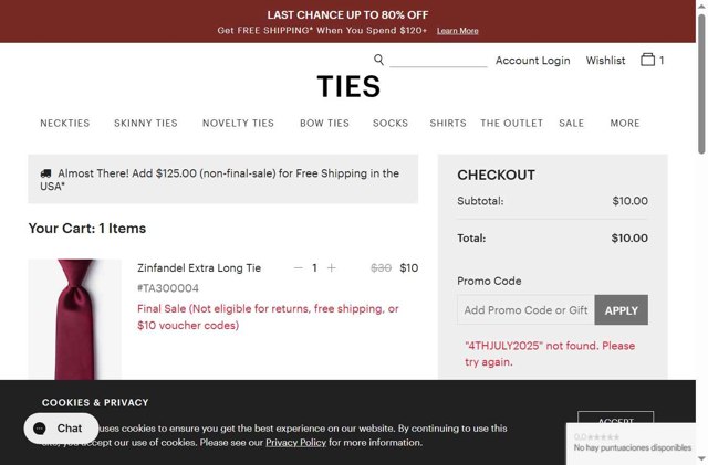 Ties.com checkout page showing Ties.com promo code box | Screenshot taken by SimplyCodes community member on Jul 30, 2025