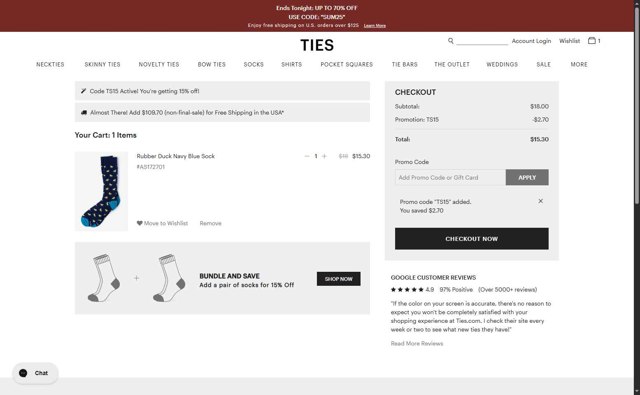 Ties.com checkout page showing Ties.com promo code box | Screenshot taken by SimplyCodes community member on Jul 8, 2025