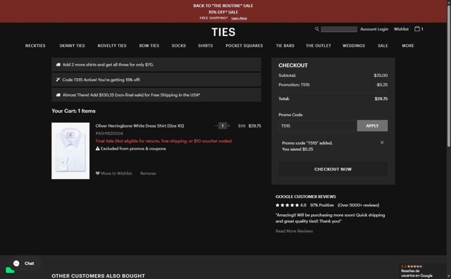 Ties.com checkout page showing Ties.com promo code box | Screenshot taken by SimplyCodes community member on Aug 31, 2025