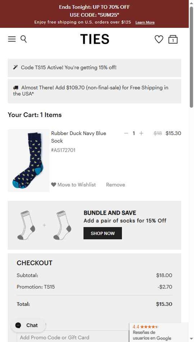 Ties.com checkout page showing Ties.com promo code box | Screenshot taken by SimplyCodes community member on Jul 8, 2025