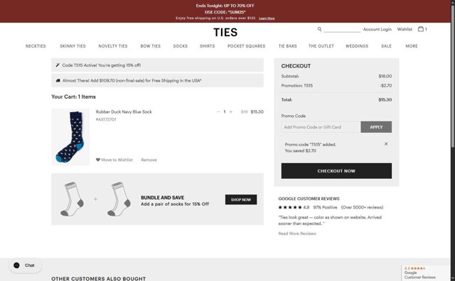 Ties.com checkout page showing Ties.com promo code box | Screenshot taken by SimplyCodes community member on Jul 8, 2025