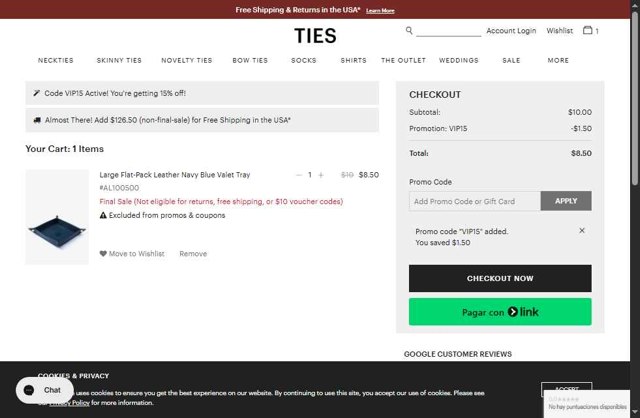 Ties.com checkout page showing Ties.com promo code box | Screenshot taken by SimplyCodes community member on Jul 28, 2025