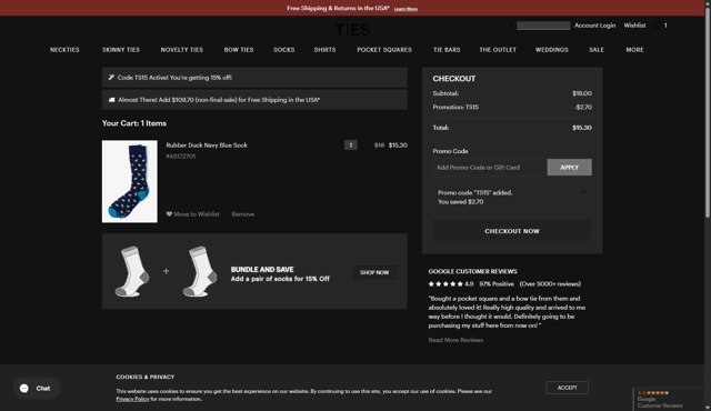 Ties.com checkout page showing Ties.com promo code box | Screenshot taken by SimplyCodes community member on Jun 24, 2025