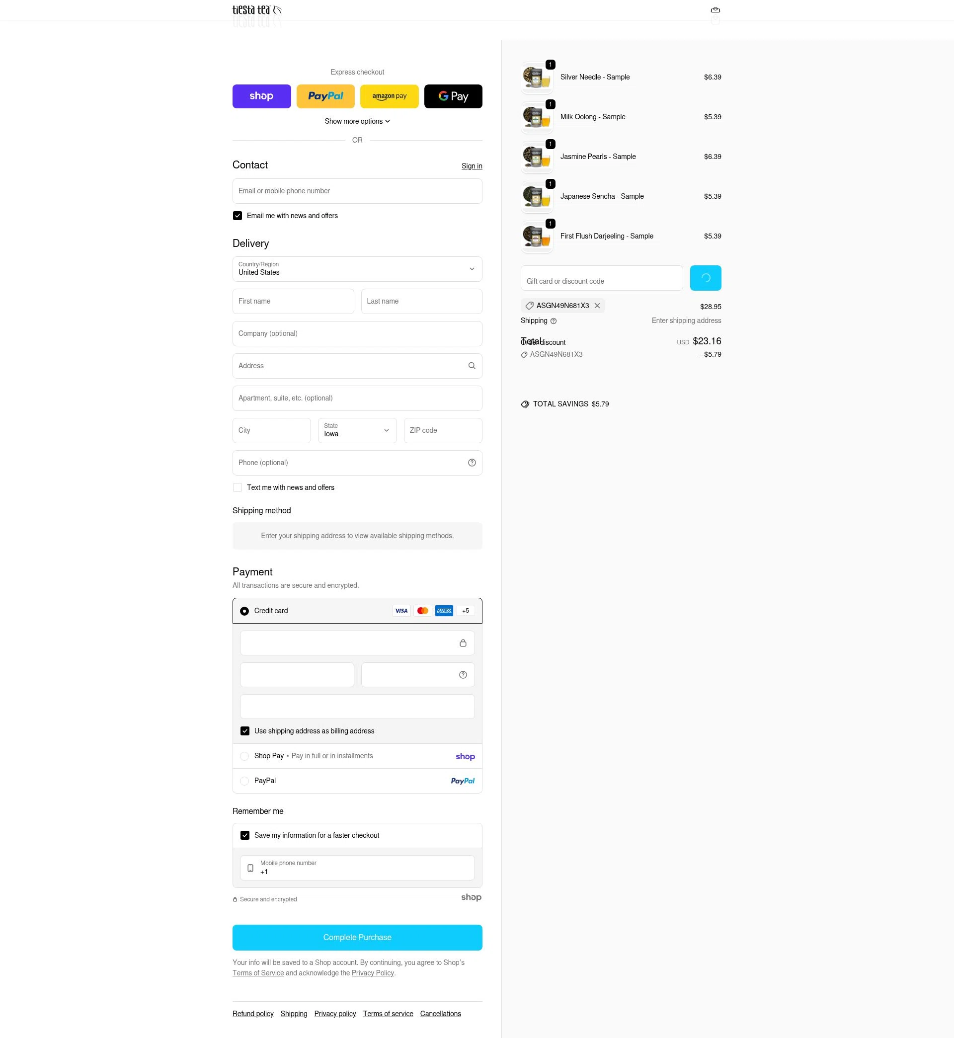 Tiesta Tea checkout page showing Tiesta Tea discount code box | Screenshot taken by SimplyCodes community member on Jan 30, 2026