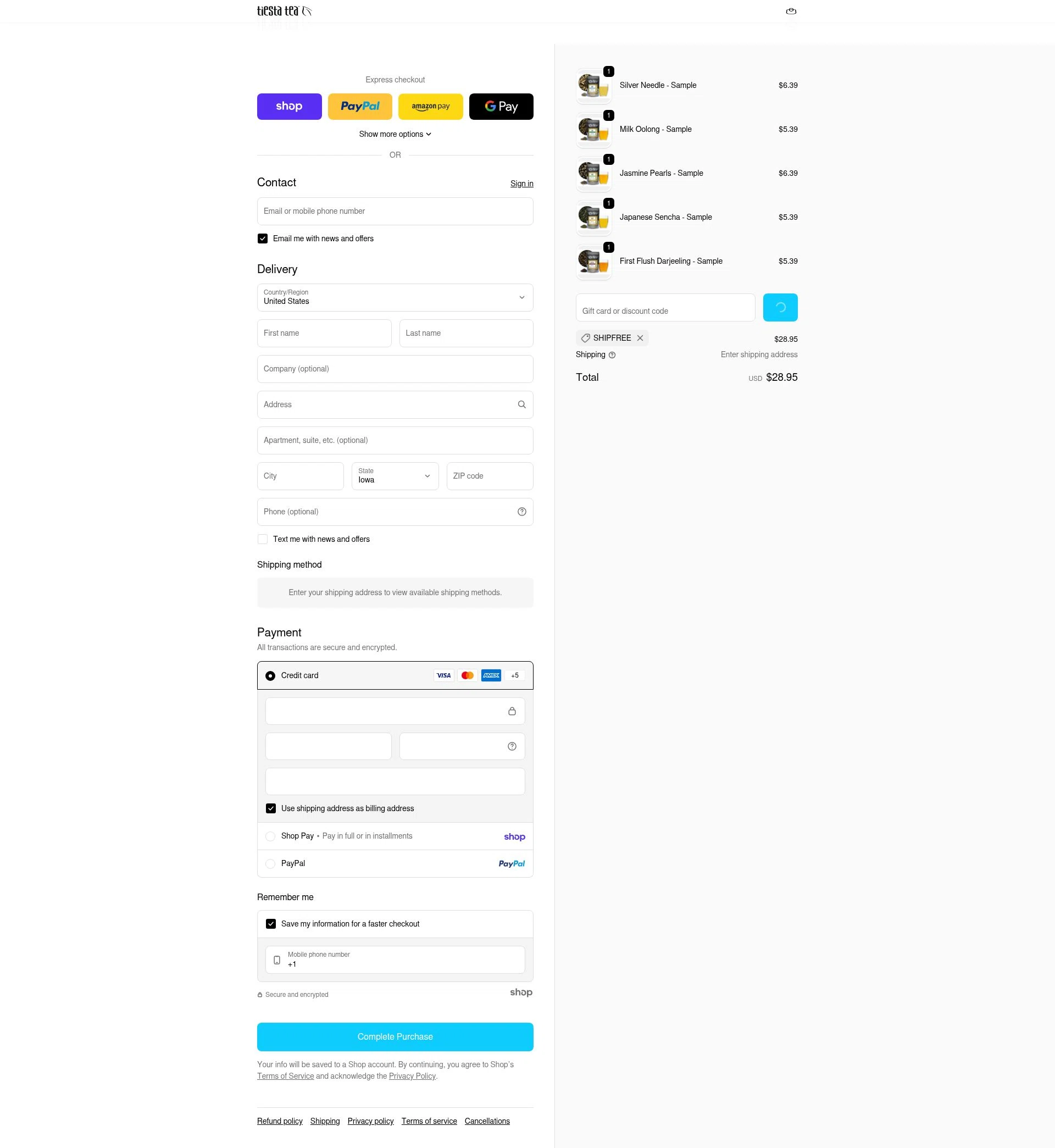 Tiesta Tea checkout page showing Tiesta Tea discount code box | Screenshot taken by SimplyCodes community member on Jan 30, 2026