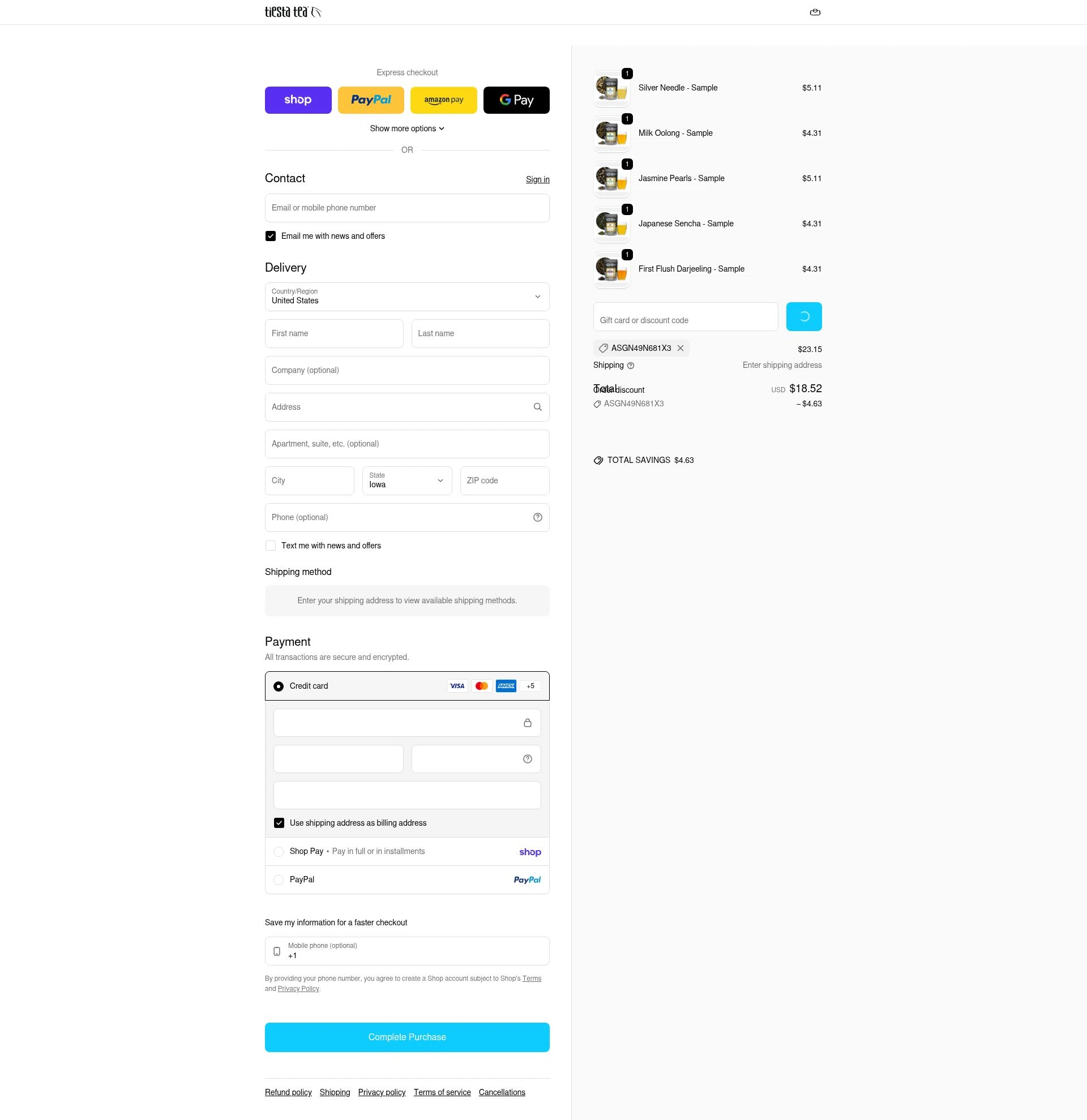 Tiesta Tea checkout page showing Tiesta Tea discount code box | Screenshot taken by SimplyCodes community member on Feb 3, 2026