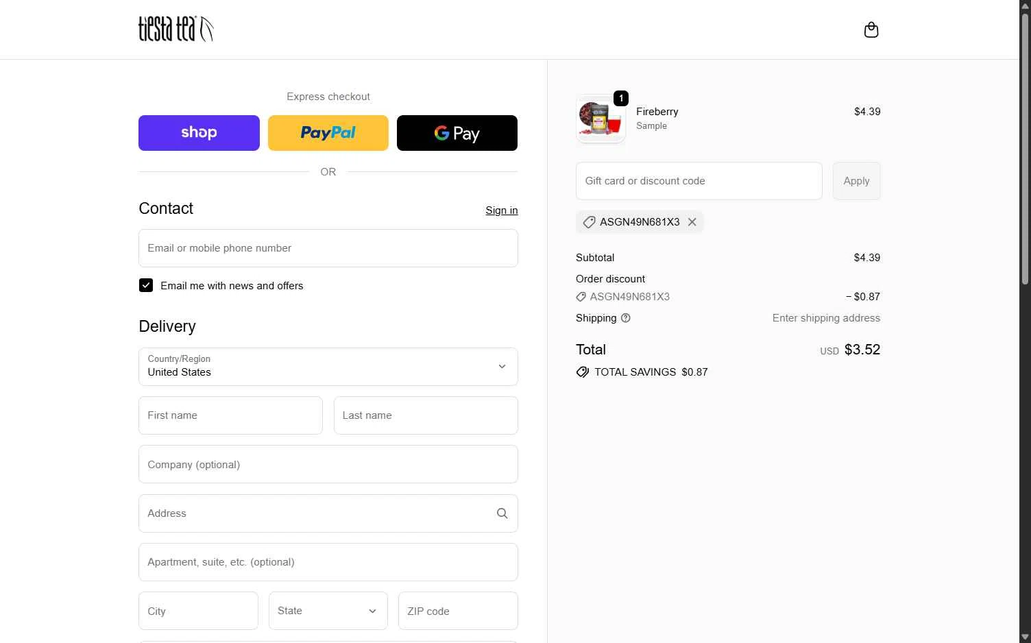 Tiesta Tea checkout page showing Tiesta Tea discount code box | Screenshot taken by SimplyCodes community member on Jan 31, 2026
