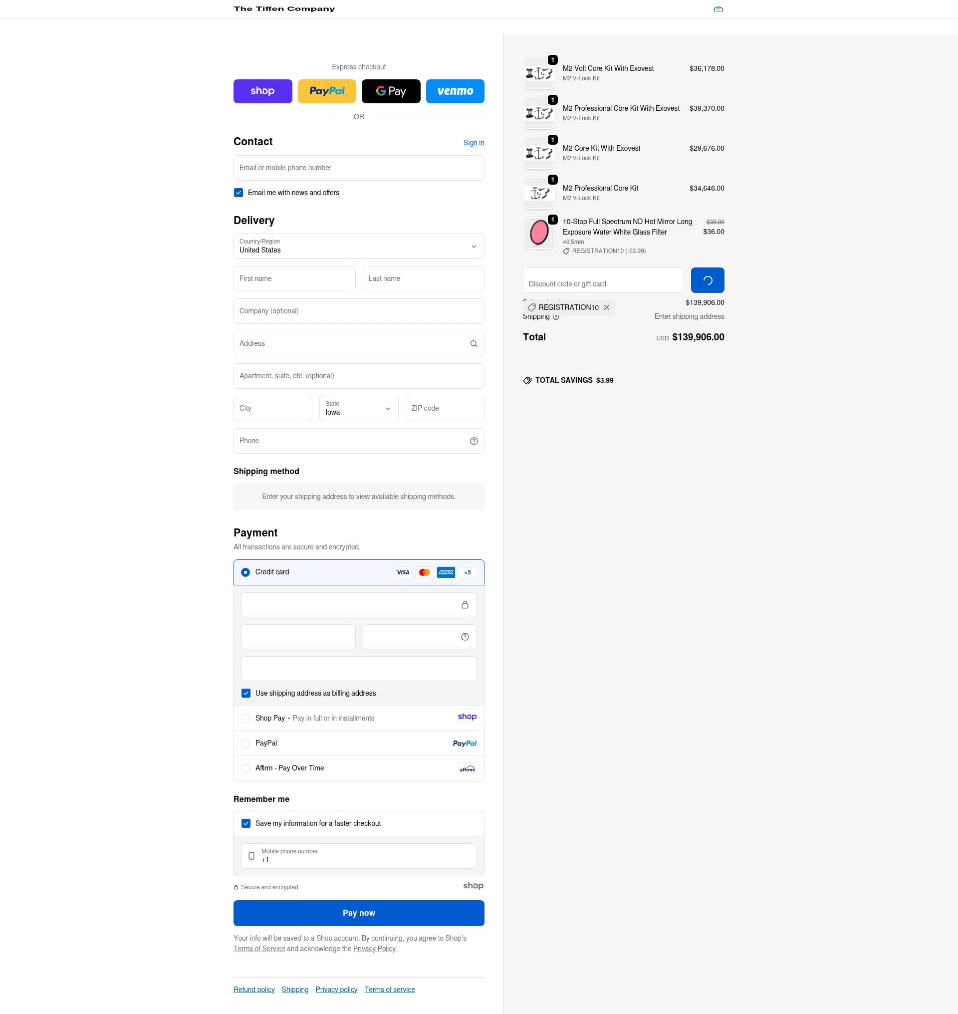 The Tiffen Company checkout page showing The Tiffen Company promo code box | Screenshot taken by SimplyCodes community member on Jan 5, 2026