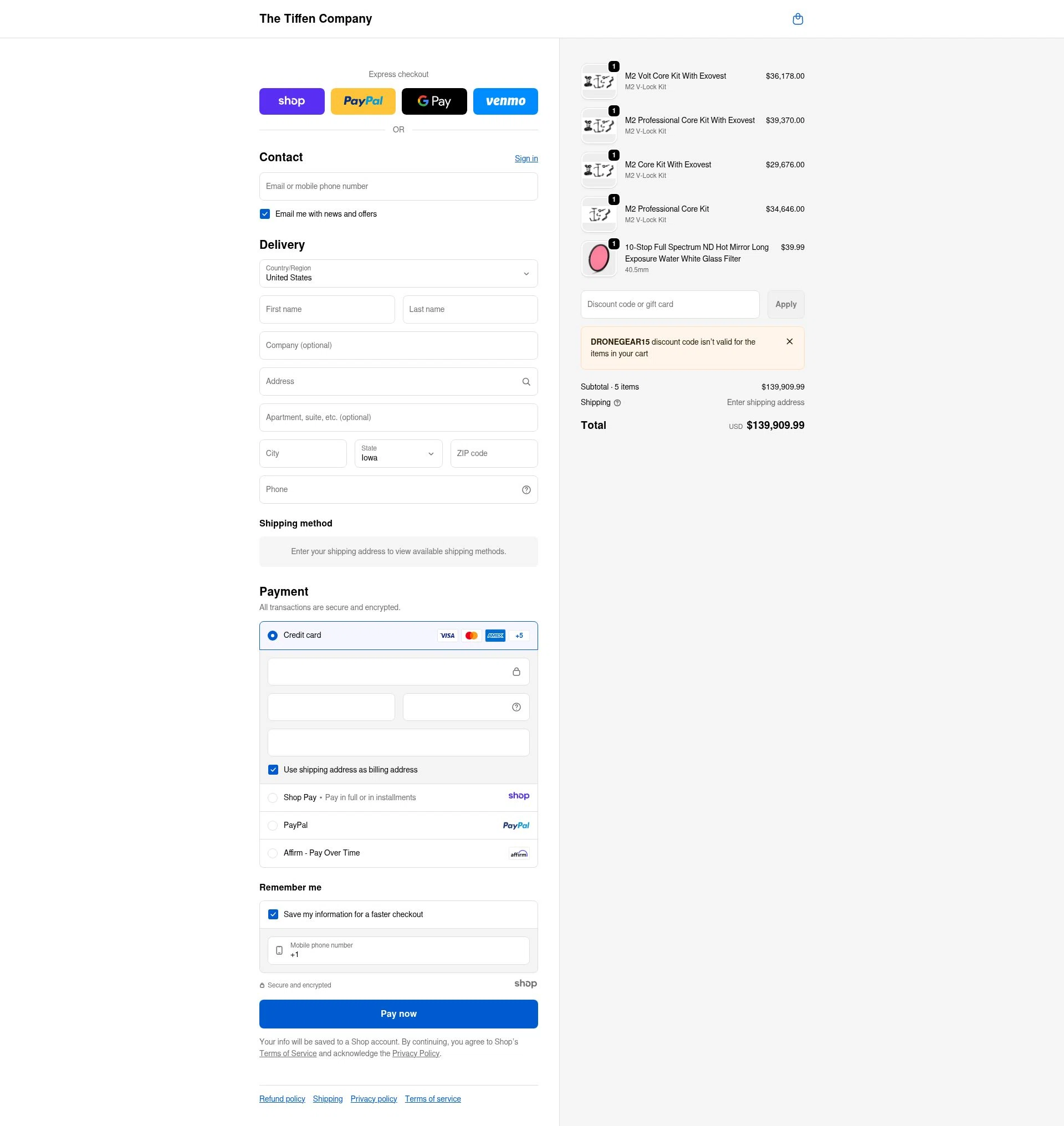 The Tiffen Company checkout page showing The Tiffen Company promo code box | Screenshot taken by SimplyCodes community member on Jan 5, 2026