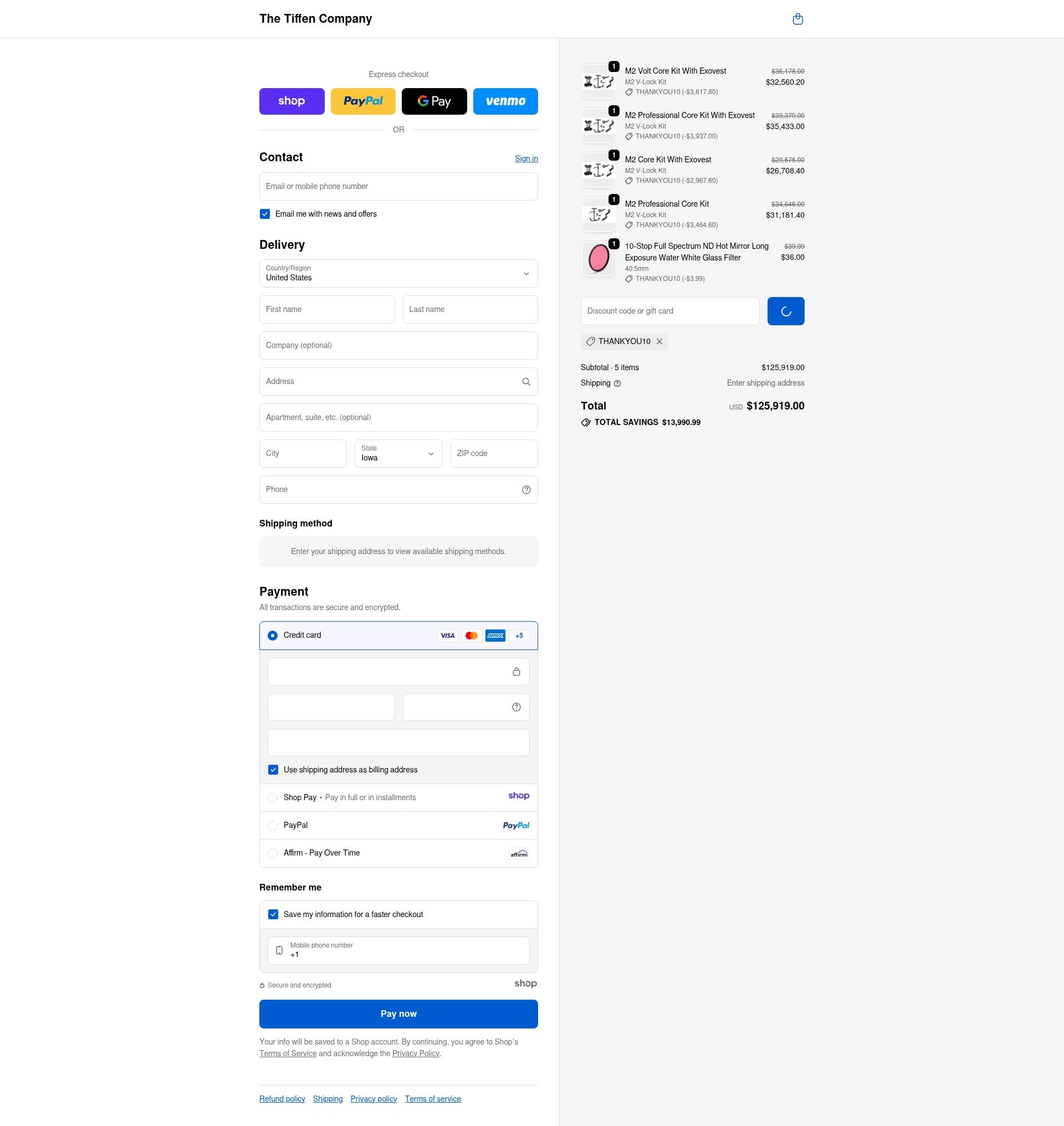 The Tiffen Company checkout page showing The Tiffen Company promo code box | Screenshot taken by SimplyCodes community member on Dec 31, 2025